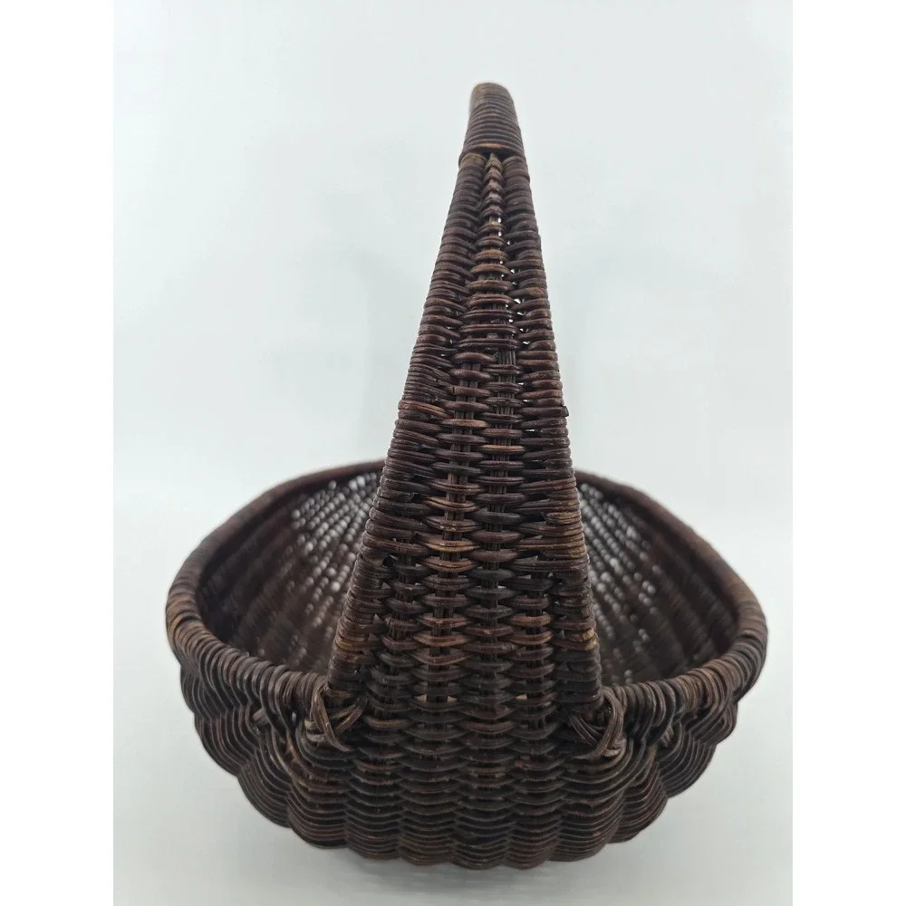 Vintage Dark Brown Woven Wicker Basket with Handle Oval Decorative Storage